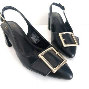 Classy Black Slingback Pumps Sz 8 Gold Square Comfort Faux Leather Office Church